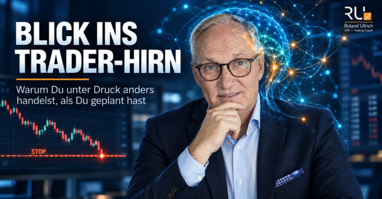 Roland Ullrich vor Trading-Charts mit visualisiertem neuronalen Netzwerk – Blick ins Trader-Hirn und Trading-Psychologie unter Druck