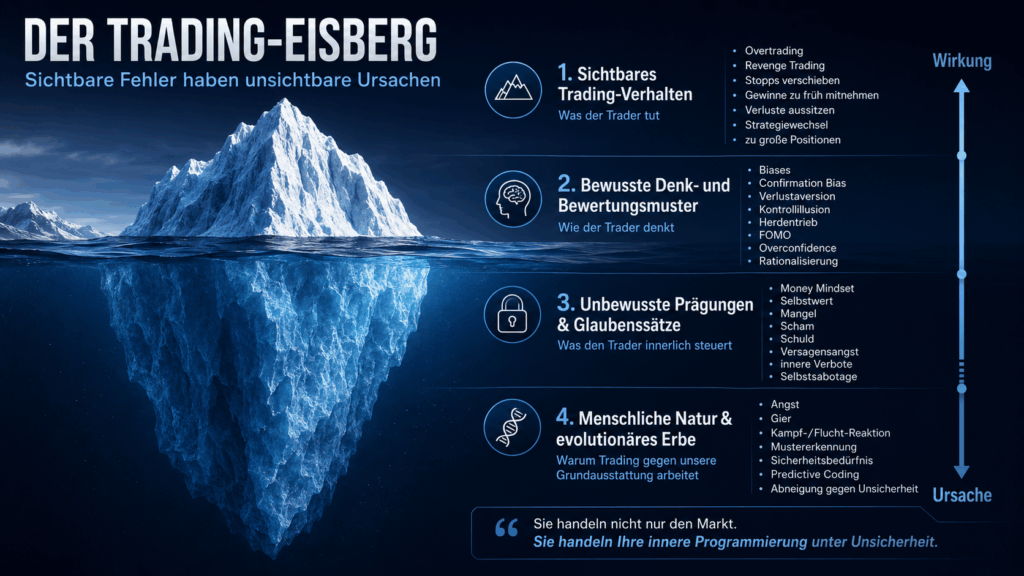 Trading-Eisberg mit sichtbaren Trading-Fehlern wie Overtrading, Revenge Trading, FOMO und Stop-Verschiebungen